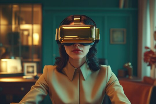 A woman in a stylish office environment wears a sleek, golden virtual reality headset, experiencing an immersive digital world. Future technology meets sophisticated design. - Powered by Adobe
