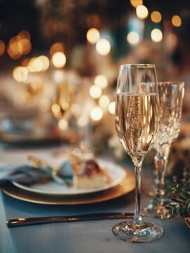 sophisticated gala dinner table setting with sparkling champagne glasses festive elegant event celebration with luxury party banquet tableware dining reception decor formal catering glassware on 2026