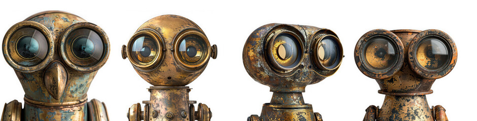 Four vintage steampunk robot heads with large goggle eyes, isolated on transparent background