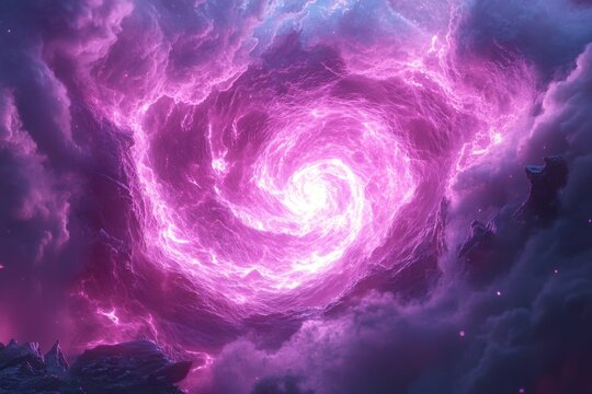 Swirling magenta cosmic vortex in a nebula with dark, rocky structures and ethereal glow.