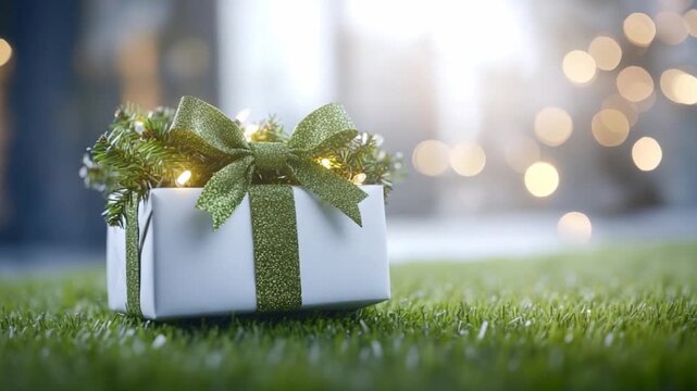 Gift of Celebration: A beautifully wrapped gift box with a sparkling green bow and fairy lights sits invitingly on a bed of fresh grass, symbolizing generosity and the spirit of celebration. 