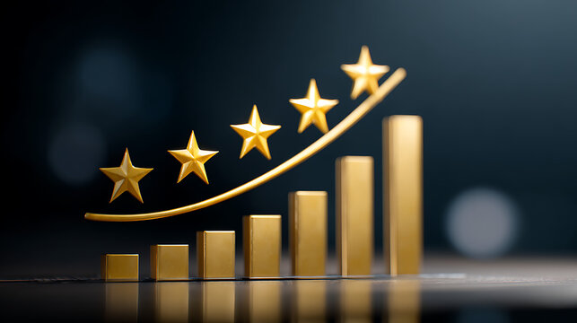 Rating evaluation and performance improvement concept with glowing stars on a bar chart