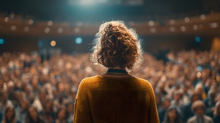 Obraz premium Woman stands in front of a crowd of people, giving a speech. The audience is packed in, and the woman is the center of attention