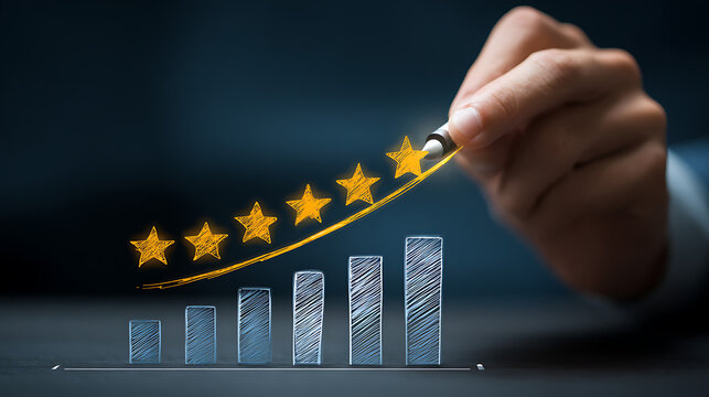 Rating evaluation and performance improvement concept with glowing stars on a bar chart