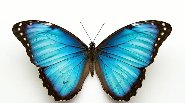 A breathtaking close-up showcases a vibrant blue butterfly with its magnificent wings fully open, presented against a pristine white background. The intricate patterns and iridescent hues of the delic