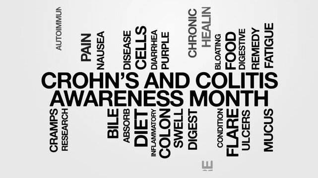 crohn's and colitis awareness month concept Animated Tag Word Cloud kinetic typography, Text Design Animation typography seamless loop video motion graphics Intro, Wordart black type on white bg