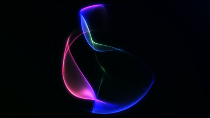 Neon glowing orb with vibrant purple and green gradient shapes floating in dark space. Futuristic abstract design with smooth fluid light creating modern technology visual aesthetic.