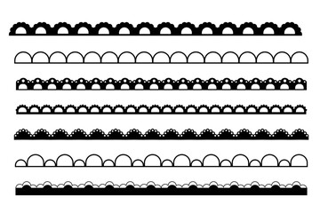 Scalloped border set simple cute divider geometric ornament edge cutout decoration. Fabric laces silhouette, textile frill stripe