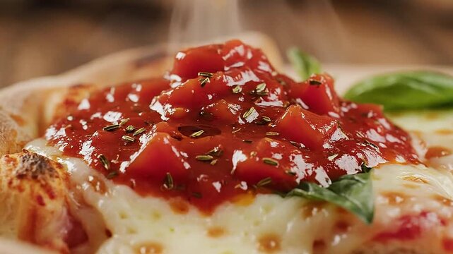 Delicious marinara coats the cinematic shots of pizza slice sauce