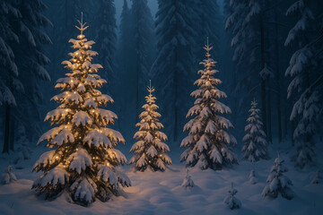 Obraz premium New Year's card 2026. Wild Christmas trees on the background of a dark winter forest