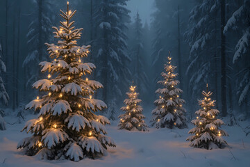 Obraz premium New Year's card 2026. Wild Christmas trees on the background of a dark winter forest