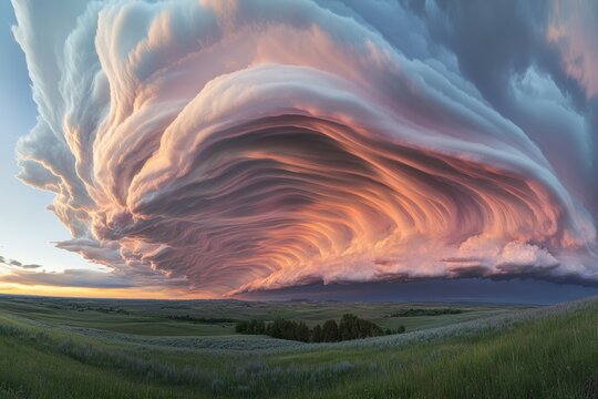 Dramatic asperitas clouds paint the sky with intricate waves and fiery sunset colors above a serene, vast green landscape.