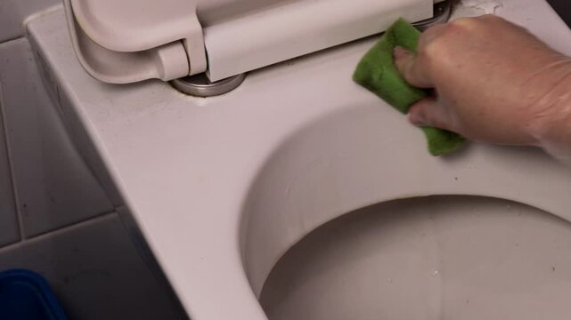 A person wearing gloves vigorously cleans the toilet seat with a green sponge as part of regular household bathroom sanitation