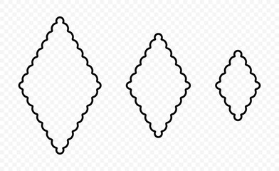 Set of geometric decorative frames or stickers in the shape of a rhombus with a wavy or zigzag edge, vector outline border graphic design