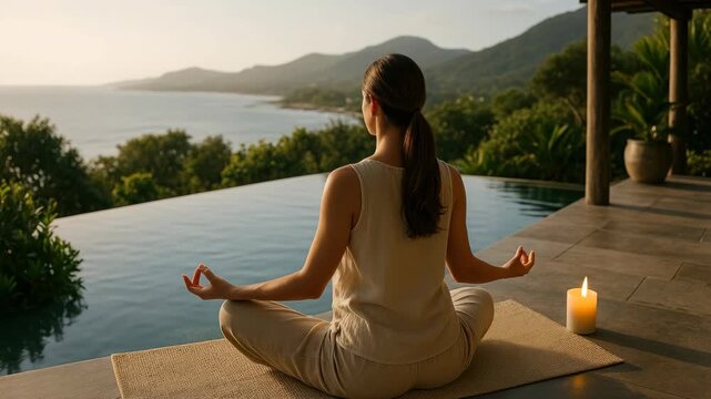 Serene video concept of a woman meditating by an infinity pool at sunset. Captured from behind at a low angle, emphasizing tranquility and nature.