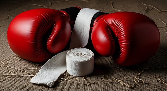 A still life of red boxing gloves and white hand wraps on a burlap surface in soft lighting