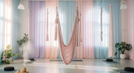 Aerial yoga studio with hammocks and pastel curtains in a bright and spacious environment for practice