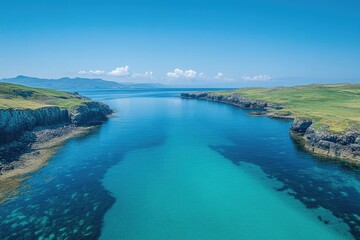 Fototapeta premium An aerial view reveals a stunning coastal inlet with crystal-clear turquoise waters bordered by rugged green cliffs. Distant mountains complete this serene seascape.