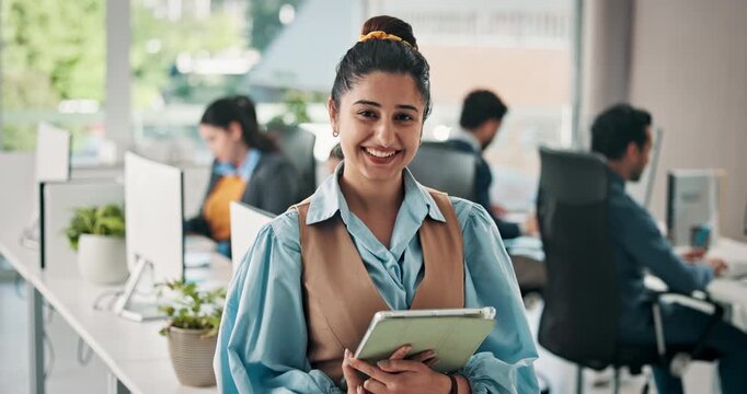 Happy woman, face and project manager with tablet for company management or development in office. Portrait, female person or coordinator with smile, team or technology for performance in workplace