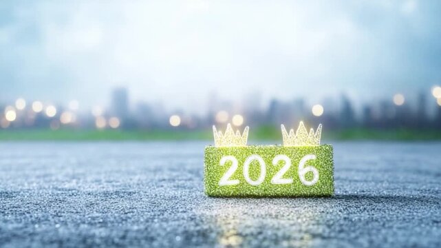 2026 Vision: a conceptual depiction of the upcoming year, a vibrant green block with the number 2026, embellished with regal crowns, standing out against a dreamy cityscape.