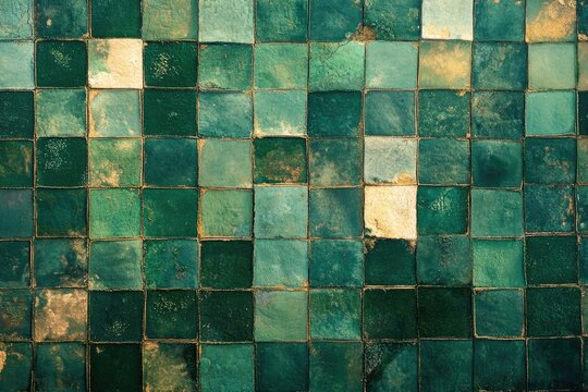 A textured grid of ancient green tiles, showcasing varying shades of emerald and teal with rustic, aged golden highlights and visible grout lines.