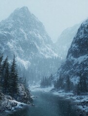 snow falls gently on the rugged mountain valley creating a serene winter wonderland with a touch of mystery
