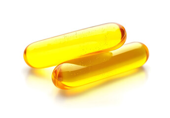 Golden Oil Capsules Closeup on White for Health and Nutrition on White Background