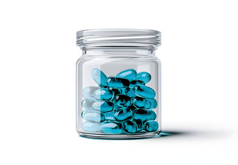 Glass Jar Filled with Blue Softgel Capsules Medicine on White Background