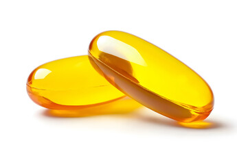 Close Up of Two Yellow Softgel Capsules Fish Oil Omega 3 Vitamins on White Background