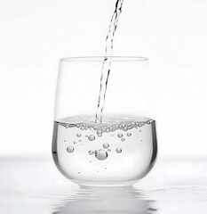 Pure Clear Water Pouring into Glass with Bubbles Motion Freeze on White Background