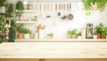 Empty Wooden Kitchen Counter with Blurred Green Plant Background Mockup