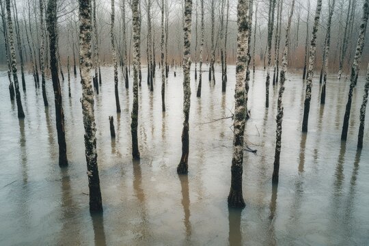 Bare trees stand in a tranquil, reflective flooded forest, their pale trunks mirroring in the calm water under an overcast sky. - Powered by Adobe