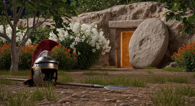 Roman soldier helmet and spear in front of an empty tomb with rolled stone. Easter, resurrection of Jesus Christ concept. Christianity, gospel.