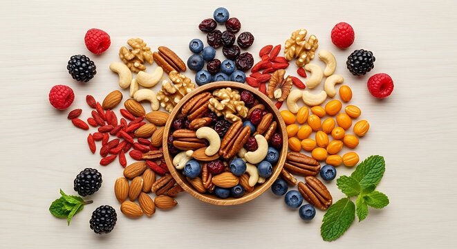 Assorted nuts and berries in a wooden bowl surrounded by fresh mint leaves on a white background
