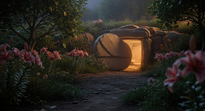 The empty tomb of Jesus Christ with a rolled-away stone door and bright light inside, surrounded by lush flowers and trees. Easter concept for Christian holiday. - Powered by Adobe