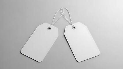 Two blank white labels with strings attached. price tag mockup