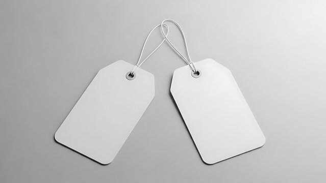 Two blank white labels with strings attached. price tag mockup
