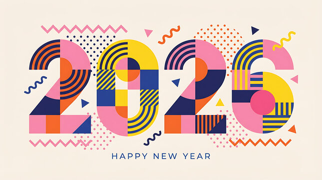 2026 New Year banner with numbers from simple geometric shapes and figures inside confetti. Template for greeting card, invitation, poster, flyer, web. Vector illustration isolated on background.