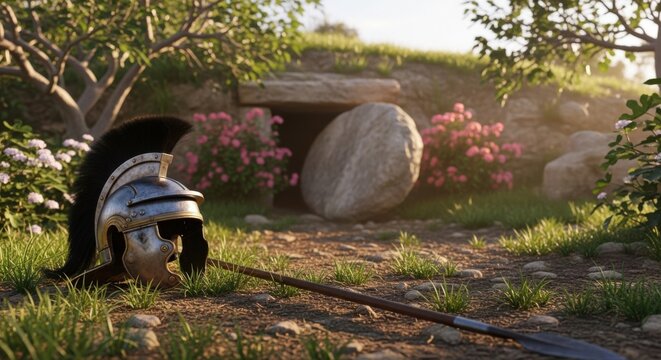 Roman soldier helmet and spear abandoned by a tomb with a rolled-away stone door. Image for Easter, Resurrection of Jesus Christ narrative.