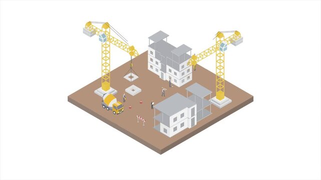 Isometric building process concept. Construction site with builders and special vehicles like crane and bulldozer. Construction of skyscrapers, transport with materials.