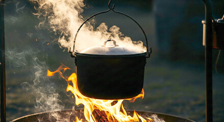 A black pot hangs over an open fire, emitting steam. Flames dance below, creating a warm, outdoor cooking scene.