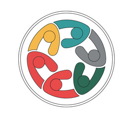 Five abstract, colorful figures in a circular arrangement symbolize teamwork and collaboration within a community.