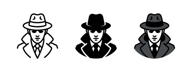 Three stylized icons depict a man in a fedora hat and trench coat, suggesting a detective or spy persona, with varying levels of detail and shading.