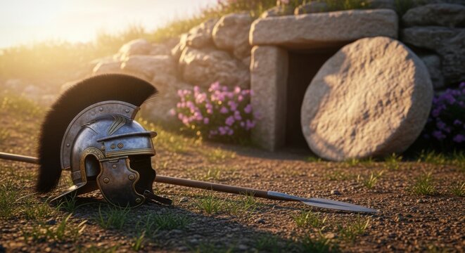 Roman soldier helmet and spear lying on the ground in front of an empty tomb with the rolled away stone at sunrise. Easter and resurrection of Jesus Christ concept.