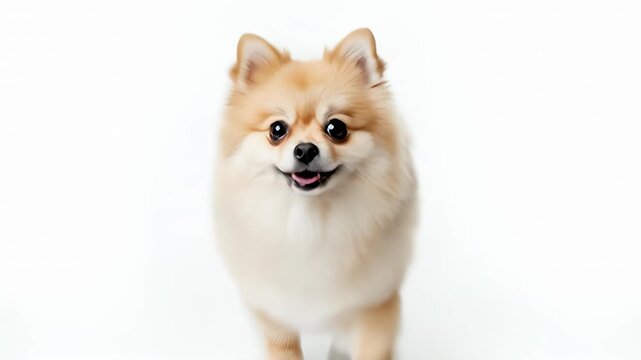 A charming, small, fluffy dog with light-colored fur sits contentedly against a pristine white background, looking directly at the camera. Its expressive, dark eyes and gentle "smile" with a tongue sl