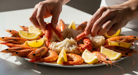 Hands of a person arranging shrimp and lemon slices on a white plate. The dish features a variety of seafood and rice, creating an appetizing presentation.