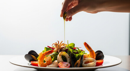 seafood restaurant, A hand drizzles olive oil over a fresh seafood salad. The dish includes shrimp, squid, mussels, and mixed greens, garnished with tomatoes.