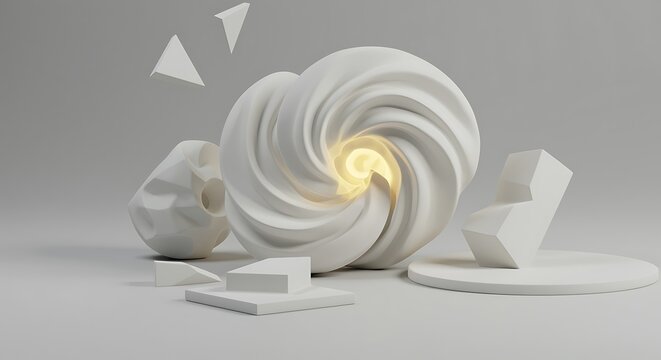 Abstract Geometric Shapes in White with Glowing Center Illustration