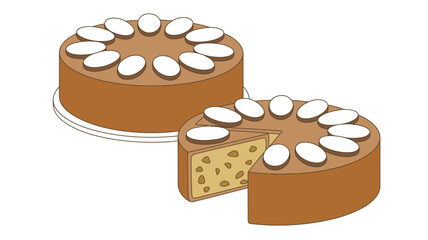 A whole round cake and a sliced cake decorated with white oval toppings rest on a white background.