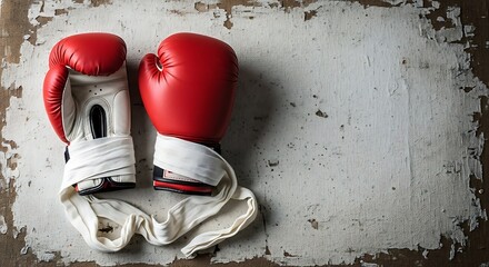 A pair of boxing gloves resting on a distressed white surface with visible wear and tear design element